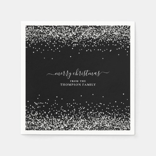 Glam Silver Glitzer Name Frohe Weihnachten Schwarz Serviette (Vorderseite)