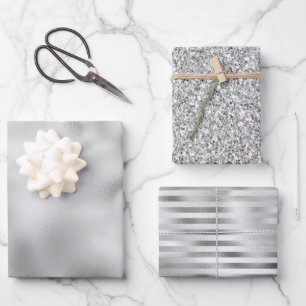Glam Silver Glitzer Streifen Geschenkpapier Set