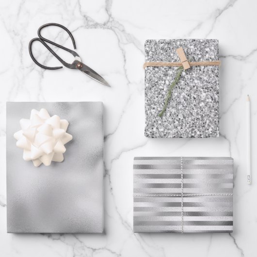 Glam Silver Glitzer Streifen Geschenkpapier Set (Vorderseite)