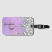 Glam Silver Glitzer Tropfen Elegantes Monogramm Gepäckanhänger (Vorderseite (Horizontal))