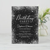 Glam Silver Glitzer und Black 90. Geburtstag Einladung (Stehend Vorderseite)