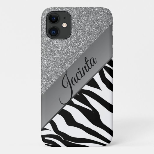 Glam Silver Glitzer Zebra Print Personalisiert Case-Mate iPhone Hülle (Rückseite)