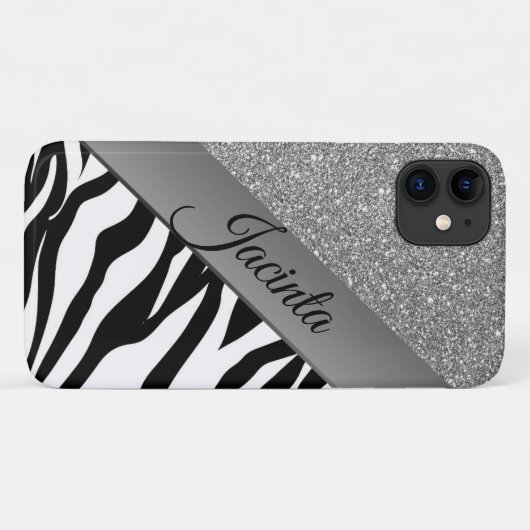 Glam Silver Glitzer Zebra Print Personalisiert Case-Mate iPhone Hülle (Rückseite (Horizontal))