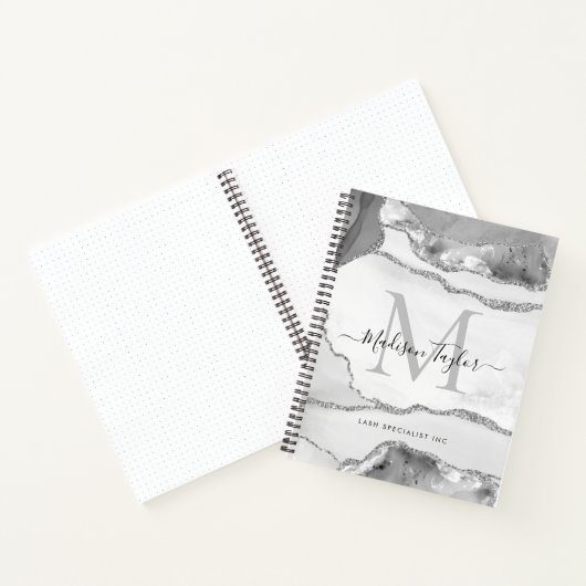 Glam Silver Gray Agate Geode Monogram Script Name Notizblock (Innenseite)