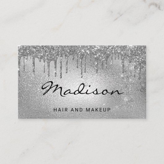 Glam Silver Metallic Glitzer Tropfen Hair & Makeup Visitenkarte (Vorderseite)