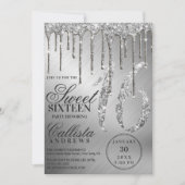 Glam Silver Metallic Glitzer Tropfen Sweet 16 Einladung (Vorderseite)