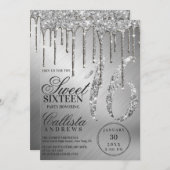 Glam Silver Metallic Glitzer Tropfen Sweet 16 Einladung (Vorne/Hinten)