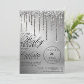 Glam Silver Metallic Glitzer Tropfens Babydusche Einladung (Stehend Vorderseite)