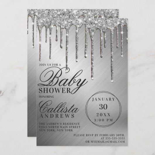 Glam Silver Metallic Glitzer Tropfens Babydusche Einladung (Vorne/Hinten)