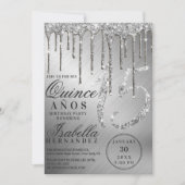 Glam Silver Metallic Glitzer Tropfens Quinceañera Einladung (Vorderseite)