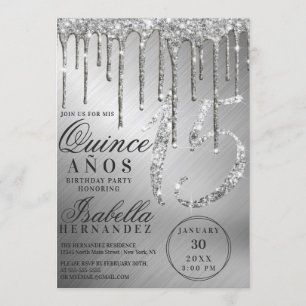 Glam Silver Metallic Glitzer Tropfens Quinceañera Einladung