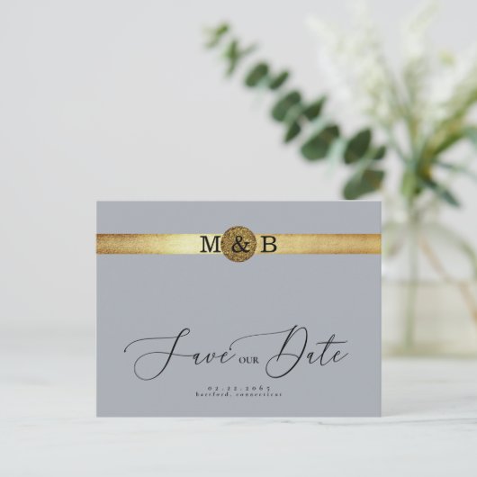 Glam Silver & Metallic Gold Monogram Save the Date Postkarte (Stehend Vorderseite)