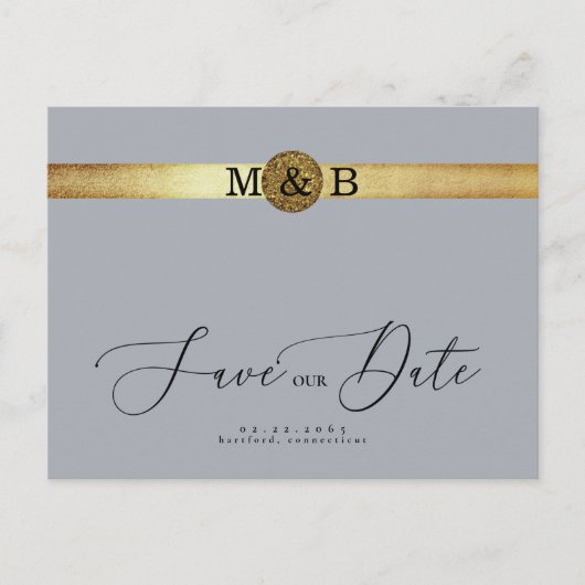 Glam Silver & Metallic Gold Monogram Save the Date Postkarte (Vorderseite)