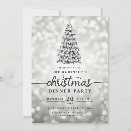 Glam Silver Pine Tree Lights Weihnachts-Party Einladung (Vorderseite)