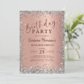 Glam Silver Rose Gold Glitter 80th Birthday Einladung (Stehend Vorderseite)