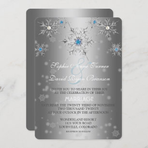 Glam Silver Snowflakes Crystal Blue Pearl Wedding Einladung