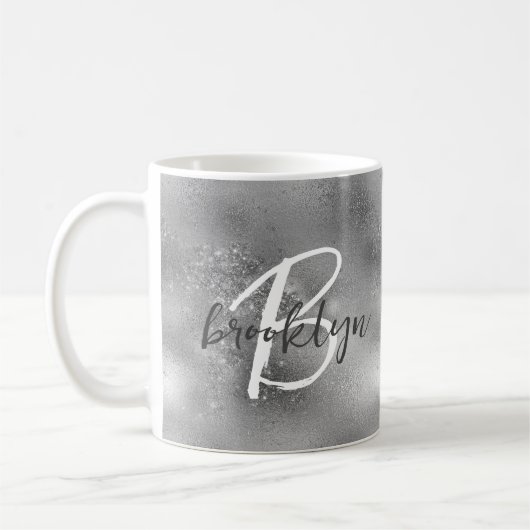 Glam Silver Trendy Script Monogram Kaffeetasse (Links)