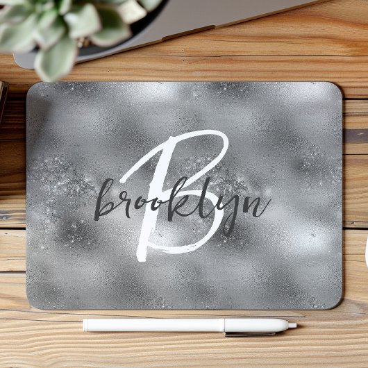 Glam Silver Trendy Script Monogram  Mousepad