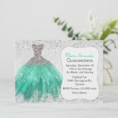 Glam Silver und Aquamarin Gown Quinceñera Einladun Einladung (Stehend Vorderseite)
