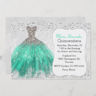 Glam Silver und Aquamarin Gown Quinceñera Einladun Einladung