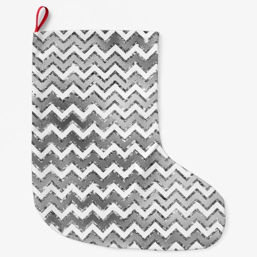 Glam Silver White Zigzag Streifen Großer Weihnachtsstrumpf (Vorderseite)