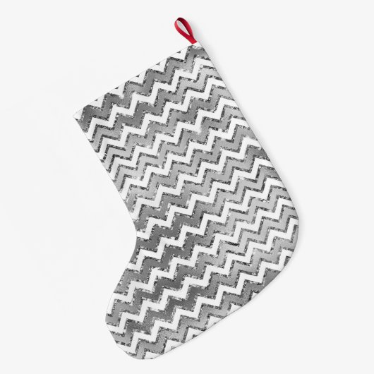Glam Silver White Zigzag Streifen Großer Weihnachtsstrumpf (Rückseite (Hängend))