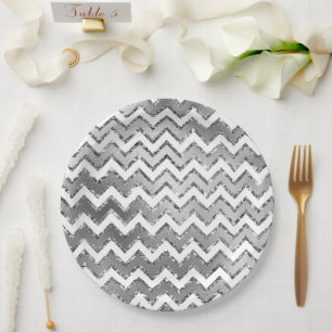 Glam Silver White Zigzag Streifen Pappteller