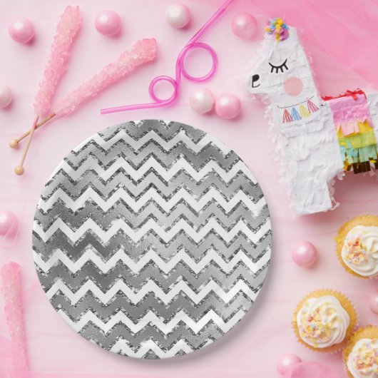 Glam Silver White Zigzag Streifen Pappteller (Party)