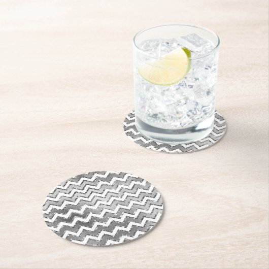 Glam Silver White Zigzag Streifen Runder Pappuntersetzer (Vor Ort)