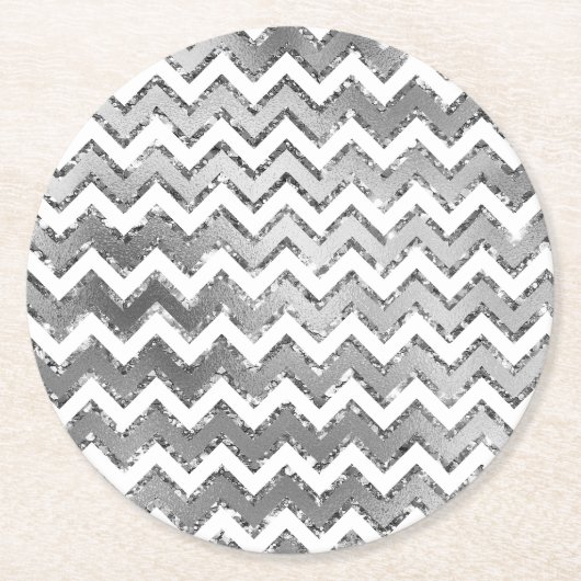 Glam Silver White Zigzag Streifen Runder Pappuntersetzer (Vorderseite)