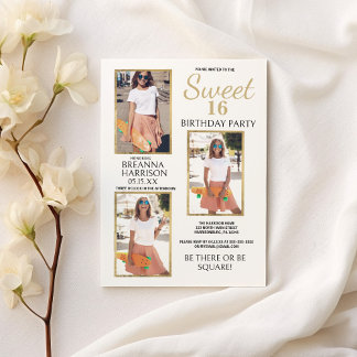 Glam Simple Elegant White Gold Foto Sweet 16 Einladung