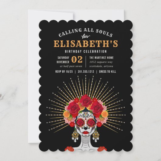 Glam Skeleton Day of the Dead Theme Birthday Party Einladung (Vorderseite)