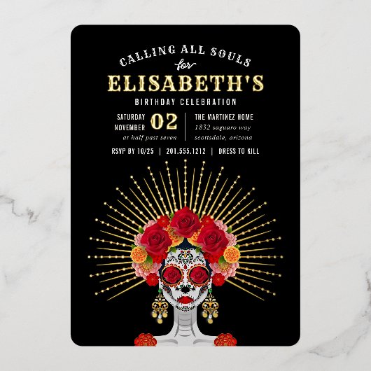 Glam Skeleton Day of the Dead Theme Birthday Party Folieneinladung (Vorderseite)