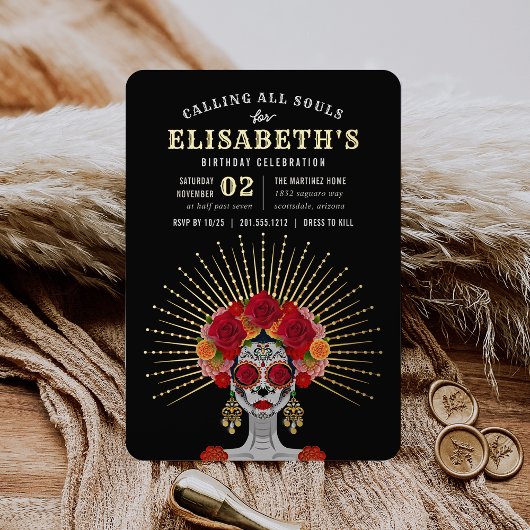 Glam Skeleton Day of the Dead Theme Birthday Party Folieneinladung
