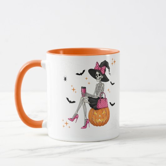 Glam Skeleton Hexe mit Pumpkin Halloween Spooky Tasse (Links)