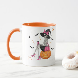Glam Skeleton Hexe mit Pumpkin Halloween Spooky Tasse