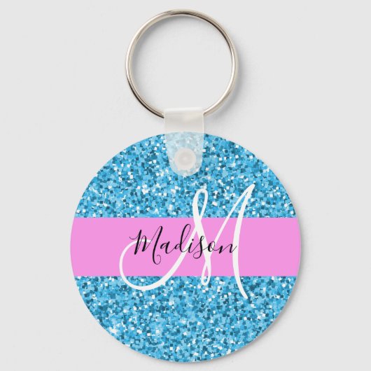 Glam Sky Blue Pink Glitter Sparkles Name Monogram Schlüsselanhänger (Vorderseite)