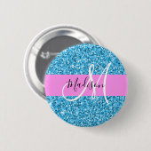 Glam Sky Blue Pink Glitzer Glitzern Name Monogram Button (Vorne & Hinten)