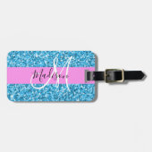 Glam Sky Blue Pink Glitzer Glitzern Name Monogram Gepäckanhänger (Vorderseite horizontal)