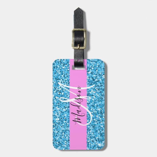 Glam Sky Blue Pink Glitzer Glitzern Name Monogram Gepäckanhänger (Vorderseite vertikal)