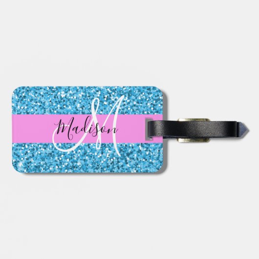 Glam Sky Blue Pink Glitzer Glitzern Name Monogram Gepäckanhänger (Rückseite horizontal)