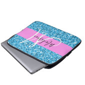 Glam Sky Blue Pink Glitzer Glitzern Name Monogram Laptopschutzhülle (Vorne Knopf)