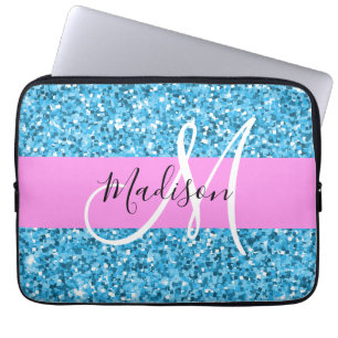 Glam Sky Blue Pink Glitzer Glitzern Name Monogram Laptopschutzhülle