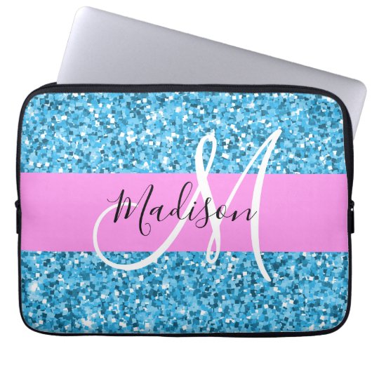 Glam Sky Blue Pink Glitzer Glitzern Name Monogram Laptopschutzhülle (Vorderseite)