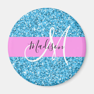 Glam Sky Blue Pink Glitzer Glitzern Name Monogram Magnet