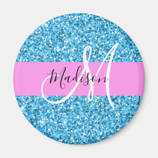 Glam Sky Blue Pink Glitzer Glitzern Name Monogram Magnet (Vorne)