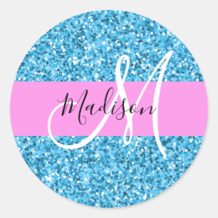 Glam Sky Blue Pink Glitzer Glitzern Name Monogram Runder Aufkleber