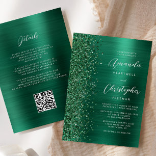Glam Smaragdgrün Gebürstet Metall QR Code Hochzeit Einladung