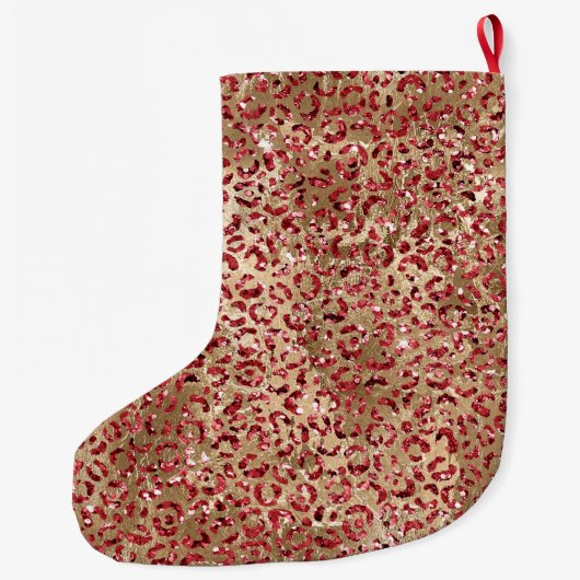 Glam Sparkle Red Glitzer Gold Leopard Print Großer Weihnachtsstrumpf (Rückseite)