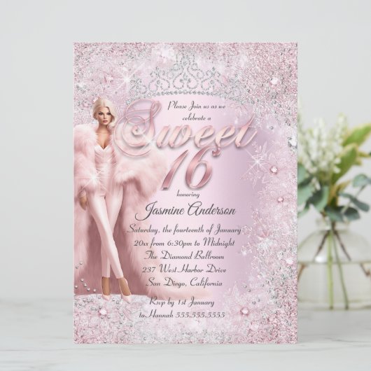Glam Sweet 16 Pink Silver Winter Wunderland Tiara Einladung (Stehend Vorderseite)